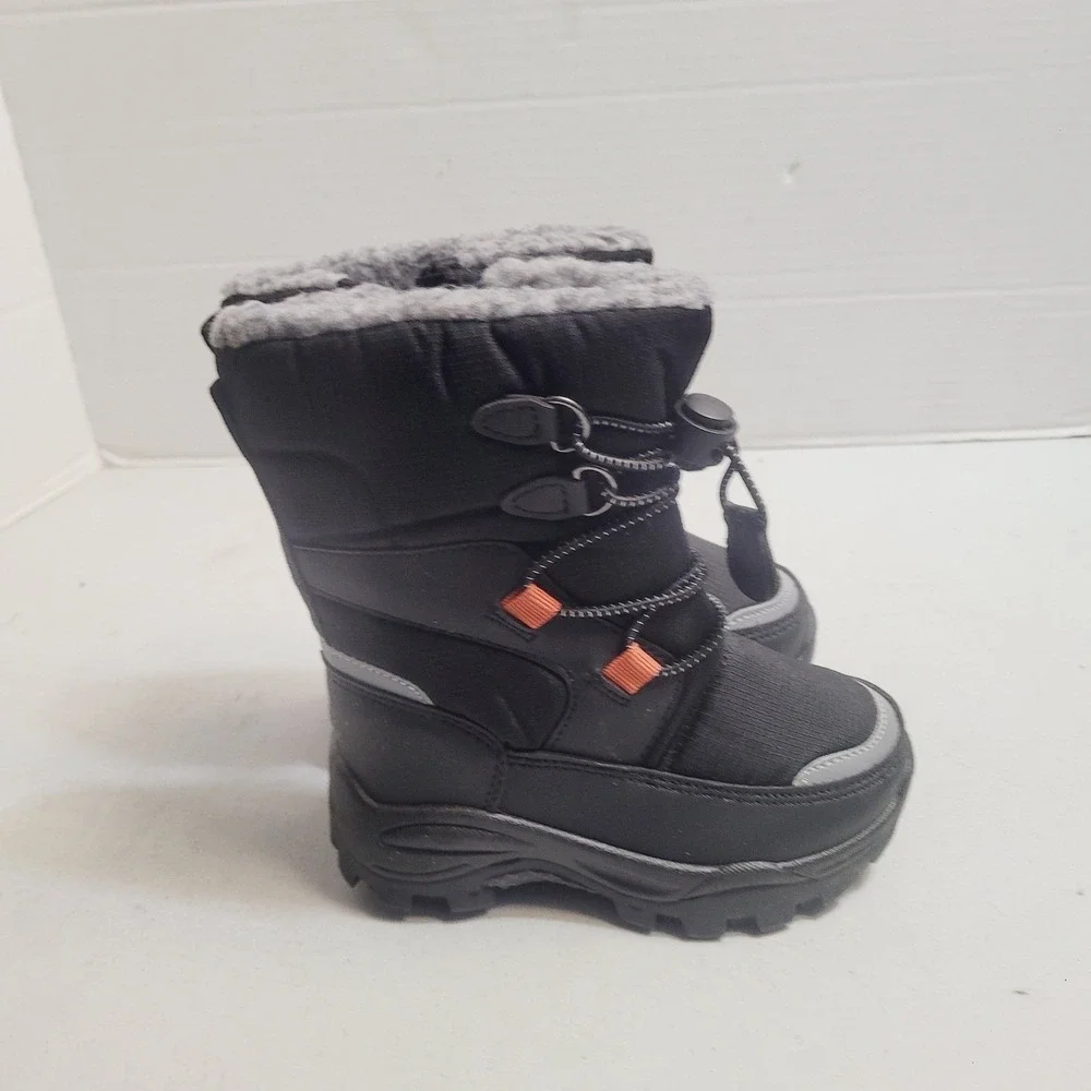 Black Winter Snow Boots Kids Size 8C Faux Fur Lined Bungee Zip Reflective Trim